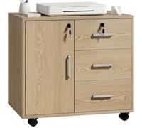 HOMCOM Caisson bureau meuble de rangement avec 3 tiroirs et étagère réglable, armoire rangement bureau verrouillable avec roulettes, dim. 40 x 60 x 56 cm, marron clair
