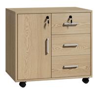 HOMCOM Caisson bureau meuble de rangement verrouillable avec 3 tiroirs et étagère réglable, roulettes, 40 x 60 x 56 cm, marron clair