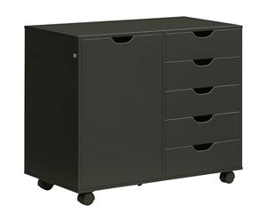 HOMCOM Caisson Bureau Mobile 5 Tiroirs 1 Porte 78x40x66,5cm Noir | Étagère Réglable, Meuble Rangement Bureau, Caisson de Rangement sur Roulettes, pour Documents et Papeterie