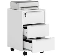 HOMCOM Caisson bureau mobile avec 3 tiroirs et serrure, meuble rangement bureau sur roulettes pour documents et imprimante, caisson de rangement compact pour travail ou chambre, 40x40x63,5cm, blanc