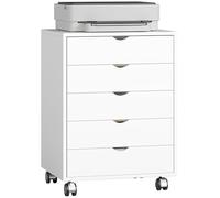 HOMCOM Caisson bureau mobile avec 5 tiroirs, meuble rangement bureau sur roulettes pour documents A3/Lettre/A4 et imprimante, caisson de rangement pour travail ou chambre, 50 x 40 x 67,5 cm, blanc