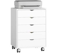HOMCOM Caisson bureau mobile avec 5 tiroirs, meuble rangement bureau sur roulettes pour documents A3/Lettre/A4 et imprimante, caisson de rangement pour travail ou chambre, 50 x 40 x 67,5 cm, blanc