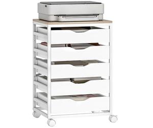 HOMCOM Caisson bureau mobile, meuble rangement sur roulettes bois avec 5 tiroirs, poignées encochées, pour travail, bureau à domicile, 50 x 40 x 74,5 cm, blanc