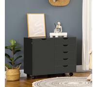 HOMCOM Caisson de bureau avec 5 tiroirs 1 porte étagère réglable, support imprimante sur roulettes, 78x40x66,5 cm, noir