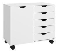 HOMCOM Caisson de bureau mobile avec 5 tiroirs et 1 porte, étagère réglable, meuble rangement bureau, caisson de rangement sur roulettes, pour documents et papeterie, 78 x 40 x 66,5 cm, blanc