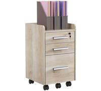 Caisson de bureau rangement bureau sur roulettes 3 tiroirs 1 verrouillable 1 trieur dossiers effet chêne clair Beige G