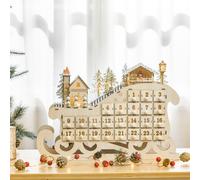 HOMCOM Calendrier de l'Avent de Noël décoration Noël en traîneau avec tiroir de compte à rebours de 24 jours lumières LED bois naturel | Aosom France