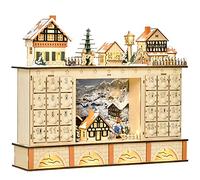 HOMCOM Calendrier de l'Avent en bois avec 24 tiroirs à remplir, décoration avec village de Noël et lumières, 44x10x37cm