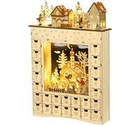 HOMCOM Calendrier de l'Avent LED en forme de village enneigé avec 24 tiroirs décoration lumineuse de Noël - beige