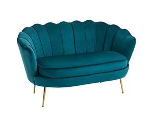 HOMCOM Canapé 2 Places en Tissu Velours, Petit canapé, en Forme de Coquillage, avec Coussin épais de 10 cm, canapé, Structure en métal, Pieds dorés effilés, Facile à Assembler, Bleu Canard