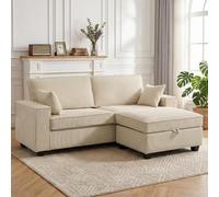 HOMCOM Canapé 3 Places avec Pouf de Rangement, Canapé d'angle 216 cm Beige | Velours Côtelé, Assise Large, Accoudoirs Larges, 2 Coussins, Coussins à Ressorts, Poches Latérales, Salon, Chambre