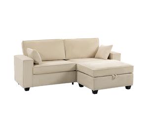 HOMCOM Canapé 3 Places avec Pouf de Rangement, Canapé d'Angle en Velours Côtelé, Assise Large, 2 Coussins, Beige