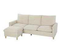 HOMCOM Canapé 3 places avec pouf de rangement, canapé d'angle modulable 210 cm, assise large, tissu aspect lin, crème