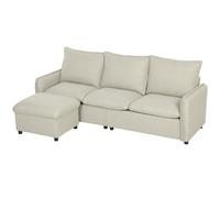 HOMCOM Canapé 3 places avec pouf de rangement, canapé d'angle modulable 212 cm, coussins à ressorts, tissu en lin, crème