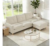 HOMCOM Canapé 3 Places avec Pouf de Rangement Modulable 210 cm Crème | Canapé d'Angle Moderne, Assise Large Rembourrée, Coussins à Ressorts, Tissu Aspect Lin, Pieds en Bois d'Hévéa, Salon Chambre