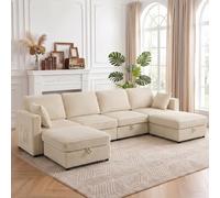 HOMCOM Canapé 4 Places avec 2 Poufs de Rangement Assise Large 306 cm Crème | Canapé d'Angle Modulable en U, Velours Côtelé, 4 Coussins, Poches Latérales, Charge 600 Kg, Salon, Chambre