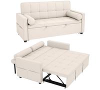 HOMCOM Canapé Convertible 2 Places 3 en 1 Canapé-Lit Capitonné Beige | Lit Gigogne Double, Dossier Réglable, 2 Coussins, Poches d'Accoudoirs, Tissu Aspect Lin, pour Chambre