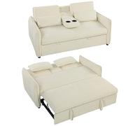 HOMCOM Canapé Convertible 2 Places 3 en 1, canapé-lit clic clac en Chenille avec Dossier réglable, Porte-gobelets, Poches latérales, 2 Coussins, pour Salon, Chambre d'amis, Petit Espace, Beige