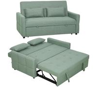 HOMCOM Canapé Convertible 2 Places 3 en 1 Dossier Réglable 160cm Vert | Canapé-Lit Clic Clac, Assise Large, 2 Oreillers, Poches Latérales, Tissu Aspect Lin OEKO-TEX 100, pour Salon, Petit Espace