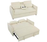 HOMCOM Canapé Convertible 2 Places 3 en 1 Dossier Réglable Chenille Beige | Canapé-lit ClicClac, Porte-Gobelets, Poches Latérales, 2 Coussins, Salon, Chambre d'Amis, Petit Espace