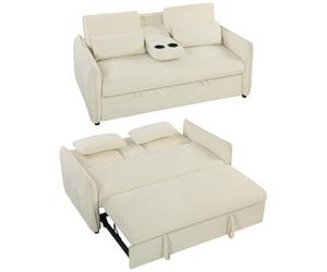 HOMCOM Canapé Convertible 2 Places 3 en 1 Dossier Réglable Chenille Beige | Canapé-lit ClicClac, Porte-Gobelets, Poches Latérales, 2 Coussins, Salon, Chambre d'Amis, Petit Espace