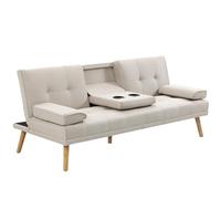 HOMCOM Canapé Convertible 3 Places Design scandinave Inclinaison Dossier réglable 3 Niveaux Dossier Centrale Rabattable 2 Porte-Verres Bois Massif Lin Beige