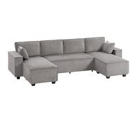 HOMCOM Canapé d'angle 311 cm 4 places avec double méridienne, coussin, en velours côtelé, canapé rembourré en forme de U avec assise large et profonde, accoudoirs larges, canapé d'angle pour salon