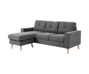 HOMCOM Canapé d'angle au design scandinave, avec boutonnage capitonné, bois massif, aspect lin, Gris