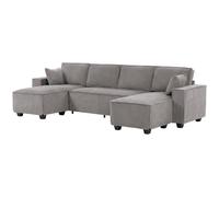 HOMCOM Canapé d'angle avec double chaiselongues, canapé en U en velours côtelé avec assise large et profonde, coussins à ressorts ensachés, Gris clair