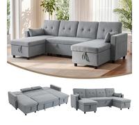 HOMCOM Canapé d'angle avec fonction couchage et coffre de lit en forme de U 4 places Gris