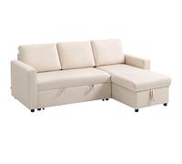 HOMCOM Canapé d'angle Convertible canapé lit canapé 3 Places modulable avec méridienne réversible, Coffre de Rangement intégré et 3 Coussins de Dossier, Tissu Aspect Lin, crème
