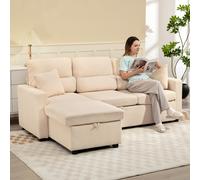 HOMCOM Canapé d'angle convertible en velours côtelé, canapé-lit 3 places avec rangement caché, coussins, 205x135x76cm, beige