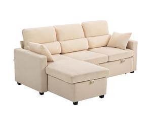 HOMCOM Canapé d'angle convertible en velours côtelé, canapé-lit 3 places avec rangement caché, coussins, 205x135x76cm, beige