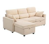 HOMCOM Canapé d'angle Convertible Réversible en Velours Côtelé, Canapé-Lit 3 Places 205 cm avec Chaise Longue, Espace de Rangement Caché, Coussins Inclus, pour Salon, Bureau, Appartement, Beige
