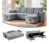 HOMCOM Canapé d'angle Fonction Sommeil Coffre lit Forme U 4 Places Gris