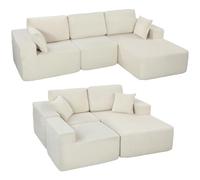 HOMCOM Canapé d'angle modulable 2 en 1, 267cm, canapé-lit 3 places en velours côtelé, larges assise et accoudoirs, 2 coussins, sofa moderne pour salon, bureau, appartement, aucun montage requis, crème