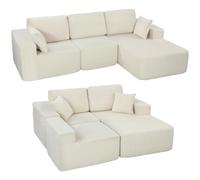 HOMCOM Canapé d'angle modulable 2 en 1, 267cm, canapé-lit 3 places en velours côtelé, larges assise et accoudoirs, 2 coussins, sofa moderne pour salon, bureau, appartement, aucun montage requis, crème