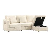 HOMCOM Canapé d'angle modulable 235 cm en Velours côtelé avec Rangement et Pouf Mobile, Assise Large et Profonde, Coussins à Ressorts, oreillers, Mousse Haute densité, Blanc crème