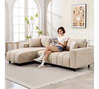 HOMCOM Canapé d'angle réversible, canapé 3 places avec méridienne, 2 oreillers, cadre en acier, 242x156x87cm, beige