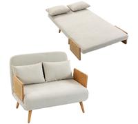 HOMCOM Canapé Convertible 2 Places, Canapé-Lit 3 en 1 Chenille 103cm, Dossier Réglable, 2 Oreillers, Accoudoirs en Bois, Crème