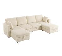 HOMCOM Canapé modulaire en U 4 places réversible en velours côtelé crème | Canapé d'angle avec 2 poufs de rangement, compartiment sous l'assise, assise large rembourrée, 4 coussins, poches
