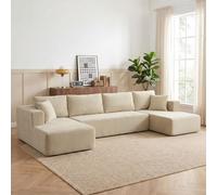 HOMCOM Canapé Modulaire en U Compressé 337 cm Velours Côtelé Crème | Canapé 4 Places Convertible, 2 Méridiennes, 6 Coussins, Assise Large, Poches Latérales, pour Salon, Aucun Assemblage Requis