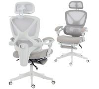 HOMCOM Chaise Bureau Ergonomique Appui-Tête Réglable Dossier Séparé Gris | Fauteuil de Bureau Inclinable en Maille, Accoudoirs Synchronisés, Hauteur Réglable, Soutien Lombaire, Repose-Pieds