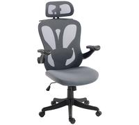 HOMCOM Chaise Bureau Ergonomique avec Accoudoirs 3D et Appui-Tête Réglable, Fauteuil de Bureau en Maille, Gris