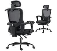 HOMCOM Chaise Bureau Ergonomique, Fauteuil de Bureau en Maille, appuie-tête réglable, Hauteur réglable, Dossier inclinable, Support Lombaire, Fonction à Bascule, Repose-Pieds, pivotant à 360°, Noir