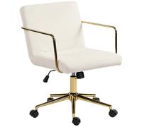 HOMCOM Chaise de bureau à roulettes avec accents dorés, chaise d'ordinateur à base métallique, revêtement en tissu effet velours, blanc crème