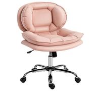 HOMCOM Chaise de bureau avec jambes croisées, chaise de bureau sans accoudoirs avec siège large, roulettes, hauteur réglable, double rembourré, pivotant, fonction basculante, tapissée en PU, rose