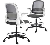 HOMCOM Chaise de Bureau en Maille, Chaise de Dessin avec accoudoirs rabattables, Hauteur réglable, Soutien Lombaire, Repose-Pieds, roulettes pivotantes pour Bureau, Studio, Gris