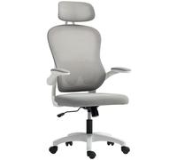 HOMCOM Chaise de bureau ergonomique avec accoudoirs rabattables, soutien lombaire et tête de lit réglables, chaise pivotante à hauteur réglable avec fonction bascule, toile en maille grise
