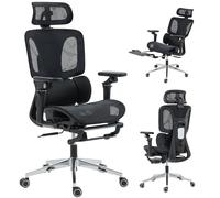 HOMCOM Chaise de bureau ergonomique avec appui-tête et appui-tête réglables - Dossier pliable 6D - Dossier divisé - Repose-pieds - Hauteur réglable - Avec fonction d'inclinaison - Filet noir